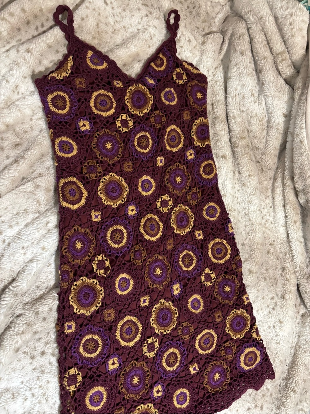 Newport News Burgundy Crochet Mini Dress with Gold and Purple Motifs